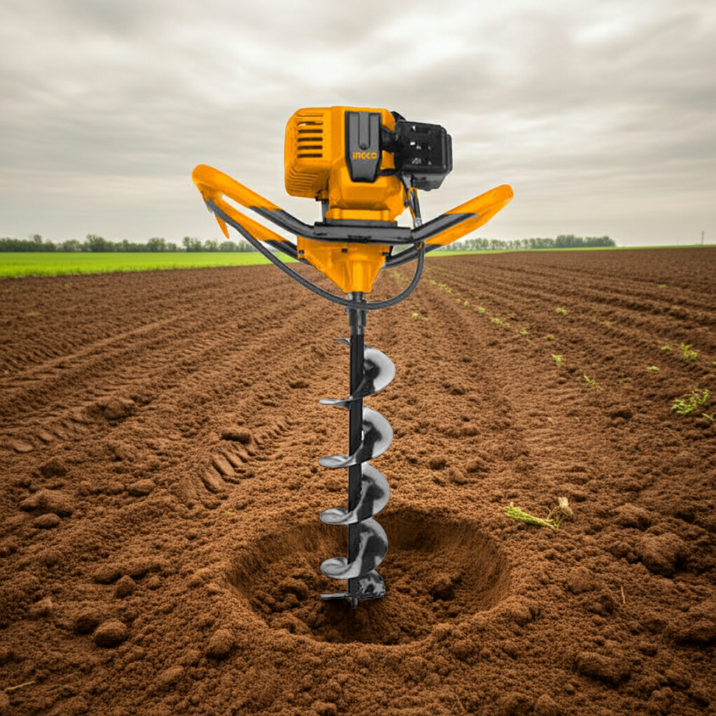 earth auger - pricemagicgh.com Yellow motorized auger drilling a hole in freshly tilled soil in a field under a cloudy sky, ready for planting