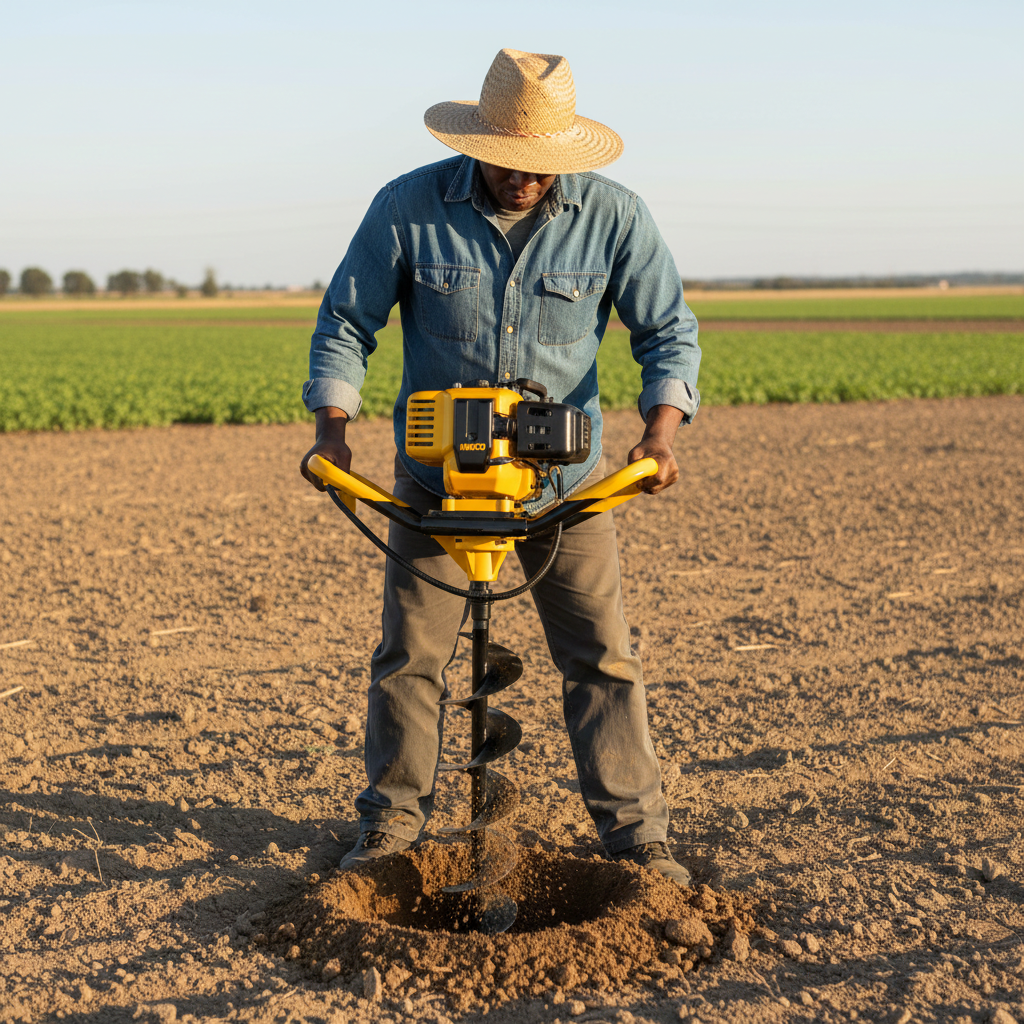 edited_2 4 - pricemagicgh.com Farmer wearing a straw hat and denim shirt operating a yellow powered earth auger in a dry field.