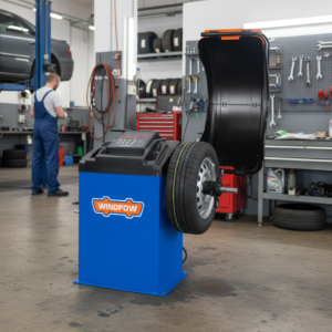 Blue tire-balancing machine with a mounted car wheel and open plastic hood in an auto shop; technician in overalls works in the background.