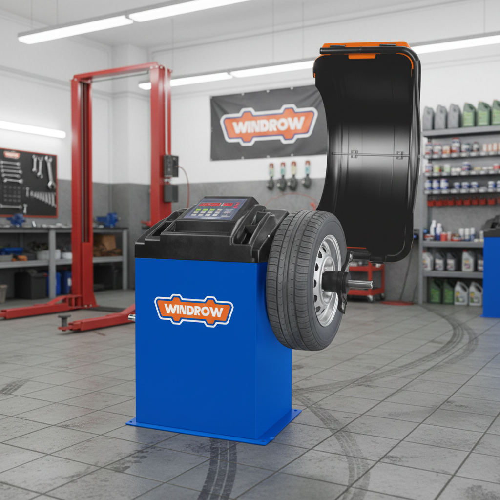 edited_3 6 - pricemagicgh.com Blue tire changer with a mounted wheel in a modern auto repair shop, the cover lifted nearby and a Windrow logo on the machine side panel.