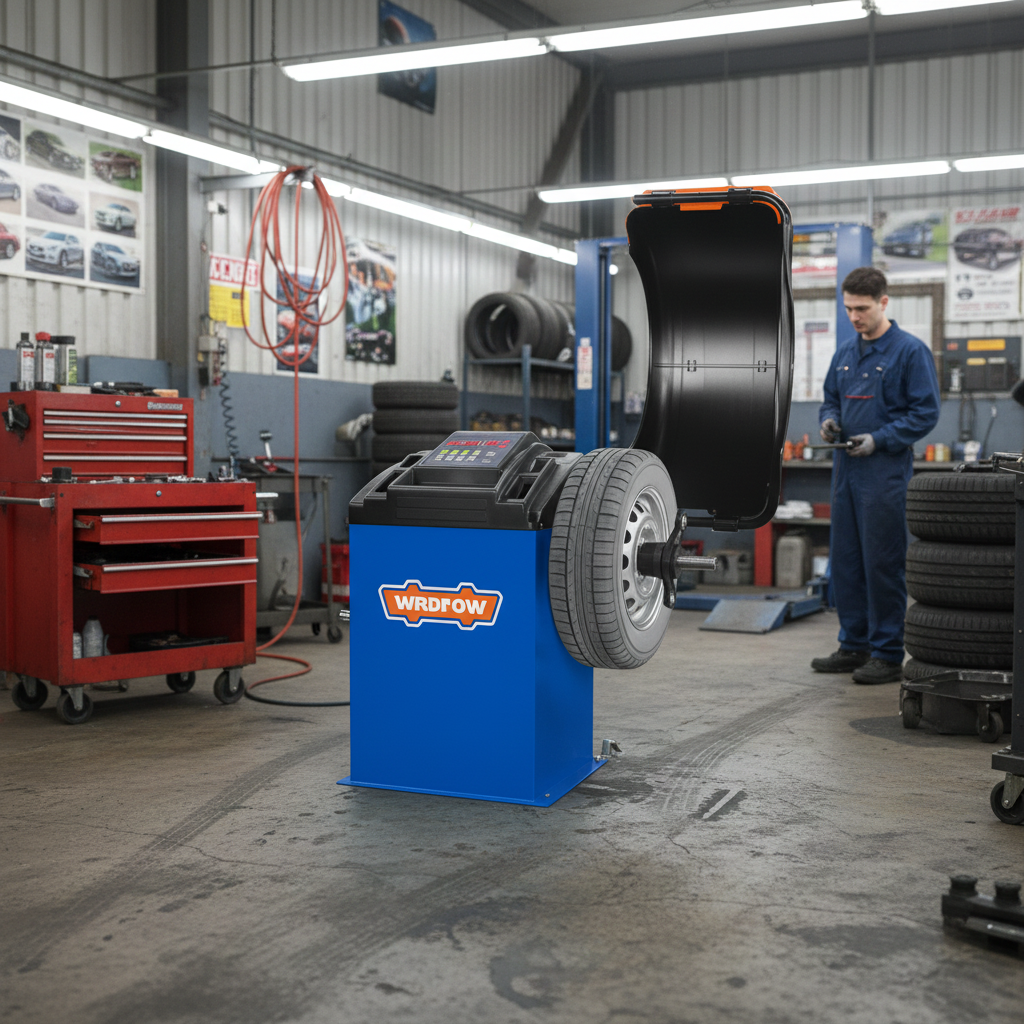 edited_4 2 - pricemagicgh.com Blue tire balancer with a wheel mounted, in a workshop; mechanic in blue coveralls stands near stacked tires in the background