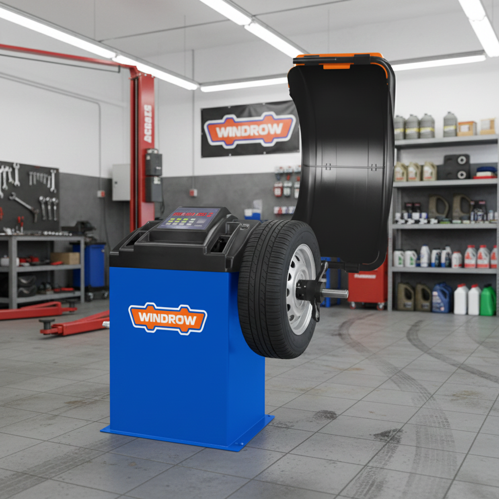 edited_4 4 - pricemagicgh.com Blue wheel-balancing machine in a car repair shop, tire mounted on the spindle with the hood open and a Windrow banner in the background.