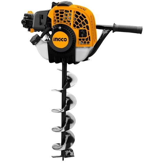 images 4 16 - pricemagicgh.com Gas-powered earth auger with orange housing and black handles, equipped with a long helical drill bit for drilling holes in soil.