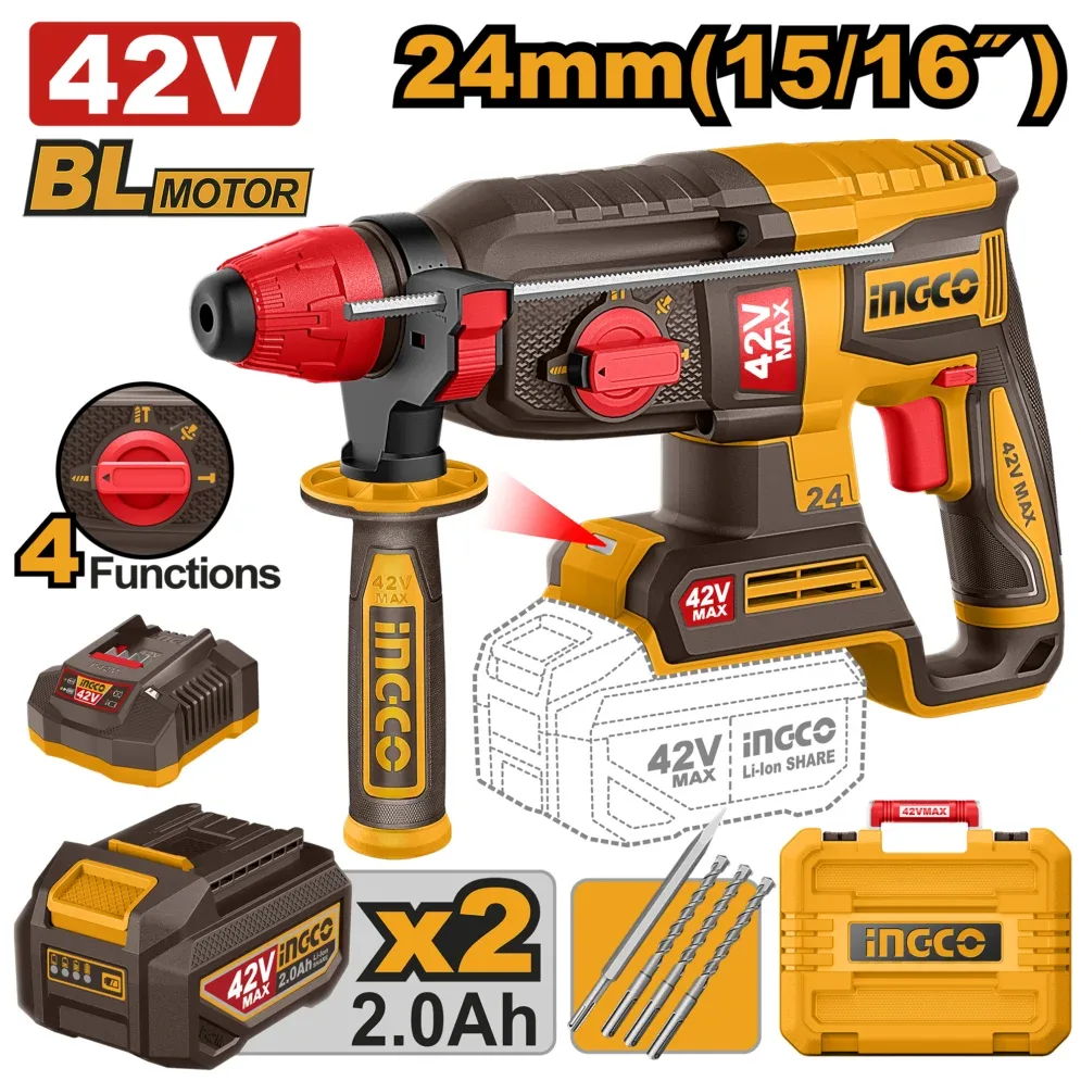 ingco 42v cordless rotary hammer 24mm(15/16") crhli422482 INGCO 42V Cordless Rotary Hammer 24mm(15/16") - CRHLI422482