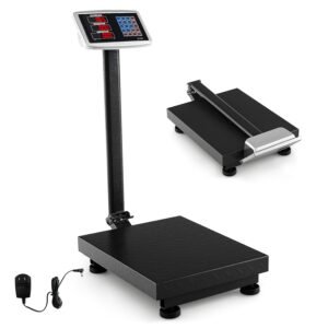 Commercial digital weighing scale with a tall display post and a large textured platform; includes power adapter.