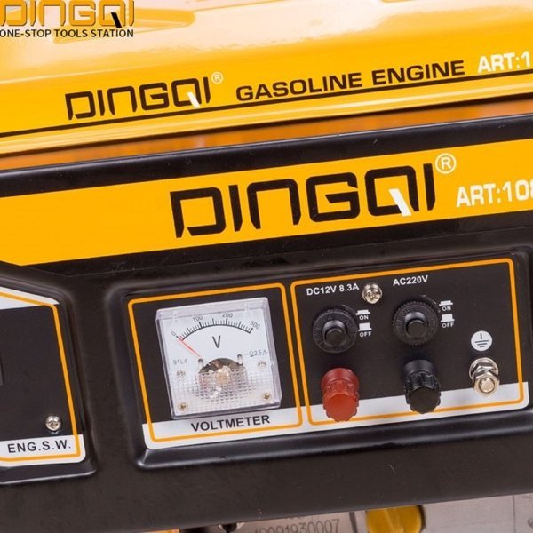 2026/06/1002242175.jpg - pricemagicgh.com Close-up of a yellow DINGQI gasoline engine control panel with a voltmeter and DC12V/AC220V knobs.