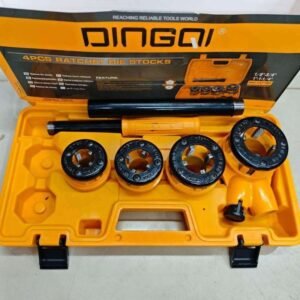Open yellow tool case containing a multi-die stock set with four black circular dies and a black ratchet handle, tool for threading dies.