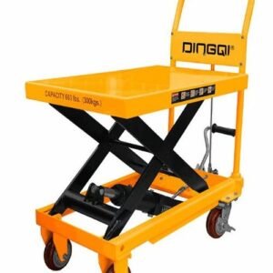 Orange hydraulic scissor-lift cart with a handle, four wheels, and a yellow platform; load capacity 650 lbs (300 kg).
