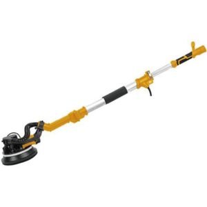 Extendable yellow power sander with a circular sanding head at the end of a long pole for overhead or high-surface sanding