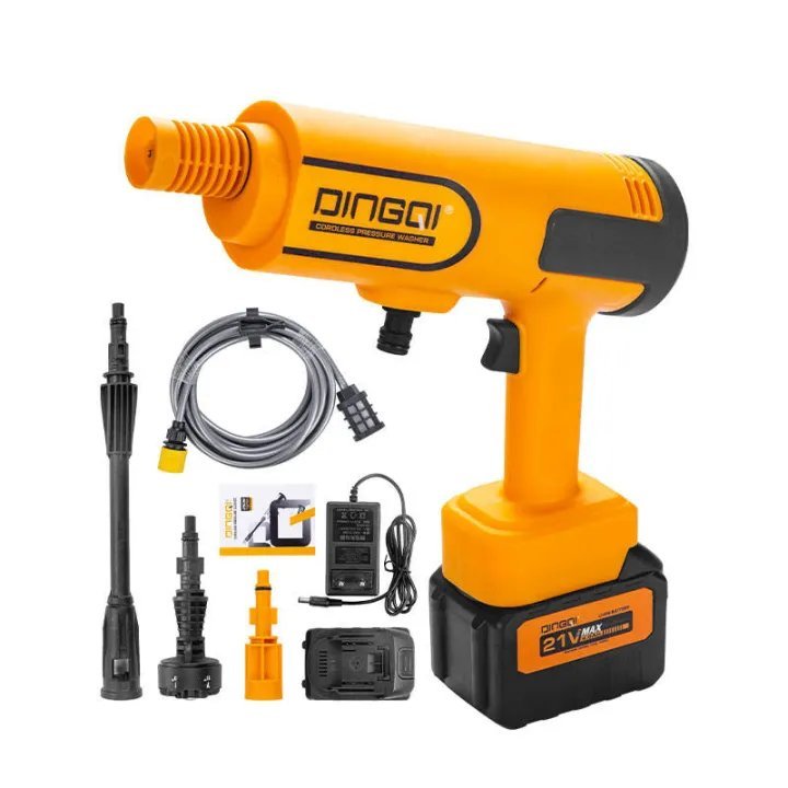 2026/06/1002281771.jpg - pricemagicgh.com Cordless yellow pressure washer with battery pack and multiple attachments displayed nearby; includes hose, nozzles, charger and accessories for outdoor cleaning.