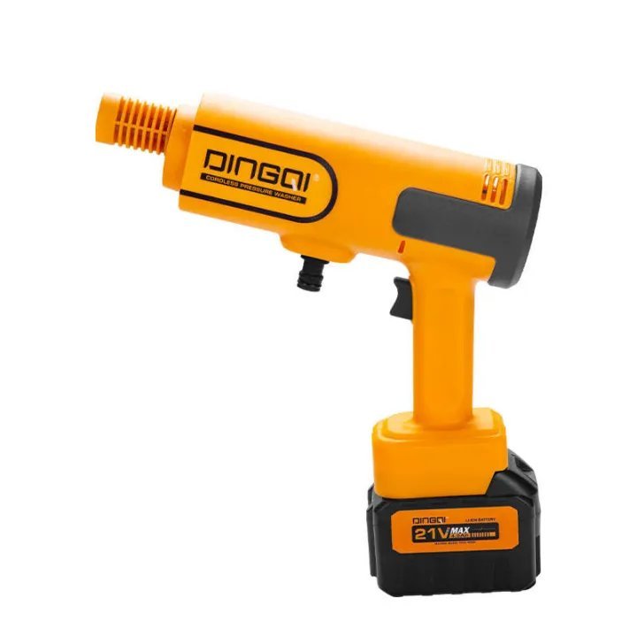 2026/06/1002281772.jpg - pricemagicgh.com Orange cordless spray gun with a black grip and a 21V battery pack, designed for painting or applying coatings.