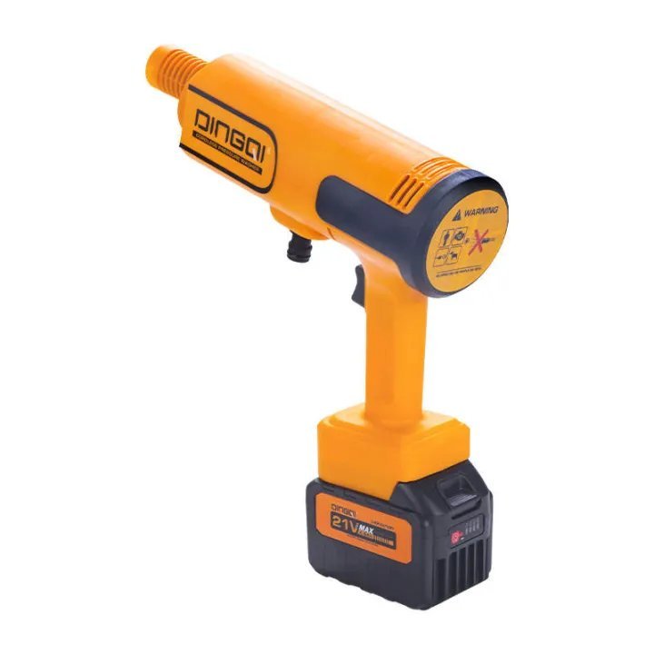 2026/06/1002281779.jpg - pricemagicgh.com Cordless orange heat gun with 21V battery pack attached, seen from side.