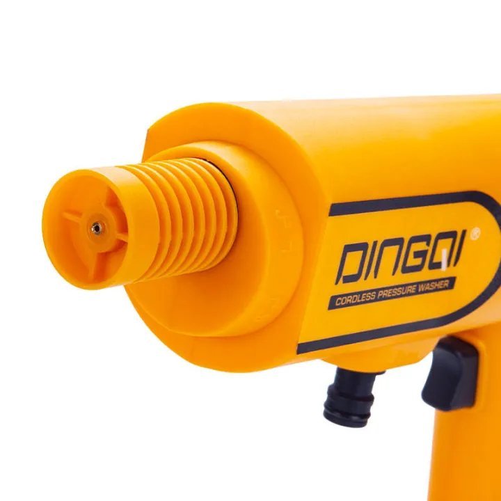 2026/06/1002281780.jpg - pricemagicgh.com Close-up of a bright yellow cordless pressure washer nozzle with threaded tip and label on the body.