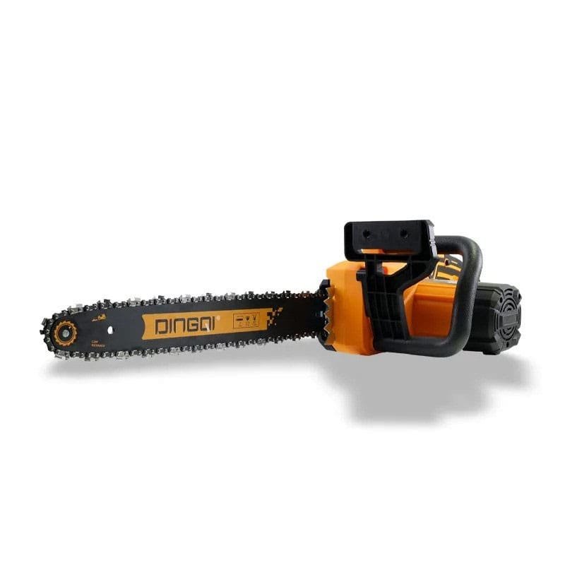 2026/06/1002282129.jpg - pricemagicgh.com Cordless chainsaw with an orange motor housing, black bar and chain, and a rear handle for grip. Category: power cutting tool used for wood cutting.
