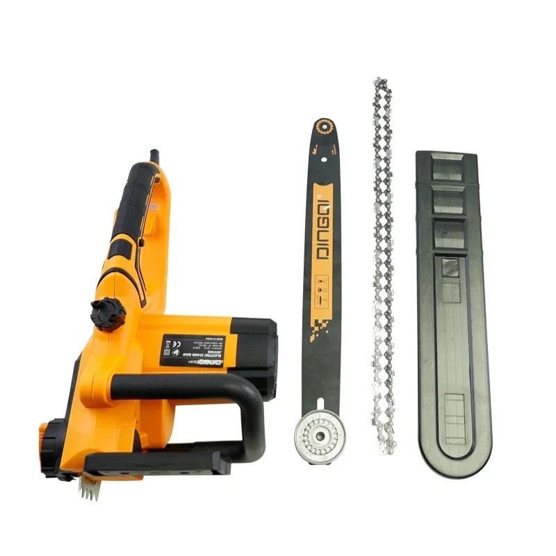 2026/06/1002282139.jpg - pricemagicgh.com Orange cordless saw with its spare chain, guide bar, and protective sheath laid out nearby.
