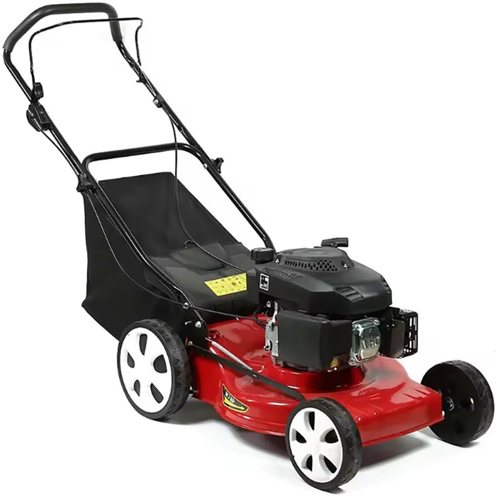 2026/06/1002286601.jpg - pricemagicgh.com Red gasoline-powered push lawn mower with a black grass collection bag and white wheels, shown from the side.