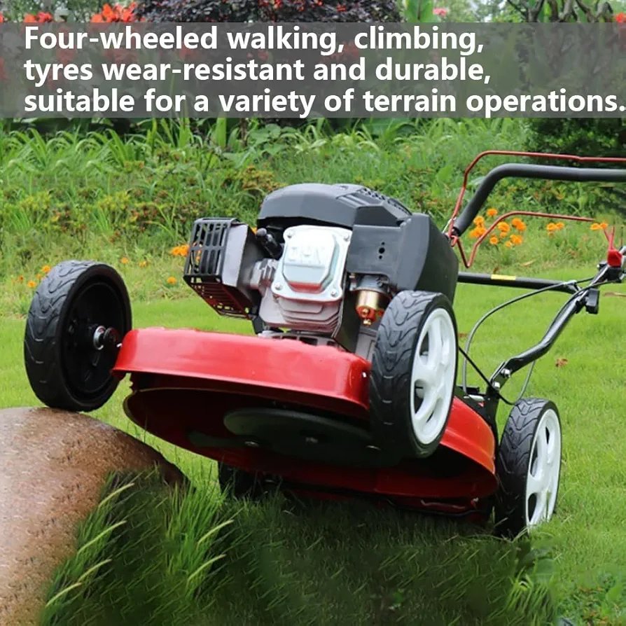 2026/06/1002286602.jpg - pricemagicgh.com Lawn mower tilting onto a grassy ditch with a red deck and white wheels on the ground level.