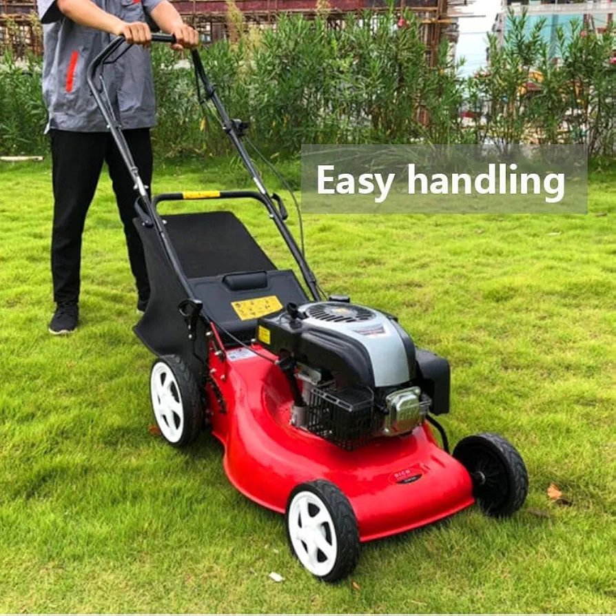 2026/06/1002286603.jpg - pricemagicgh.com Red gas lawn mower on a grassy lawn being pushed by a person; 'Easy handling' label visible on the image.