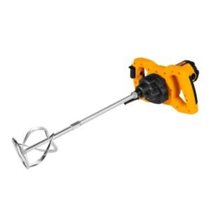 Cordless electric hand mixer with a long metal shaft and spiral mixing paddle.
