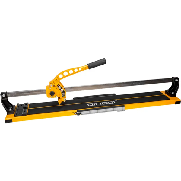 2026/06/1002336890.png - pricemagicgh.com Manual tile cutter on a yellow base with a long metal rail and cutting wheel arm for scoring straight cuts in tiles.