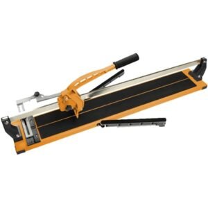 Manual tile cutter with an orange frame, black cutting surface, and adjustable scoring wheel for ceramic tiles on a workbench surface.