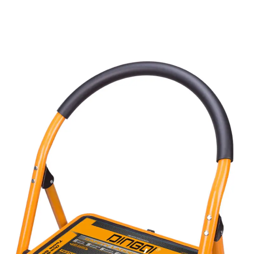 2026/06/1002337930-1.png - pricemagicgh.com Close-up of a yellow folding hand truck handle with a black foam grip on a white background.