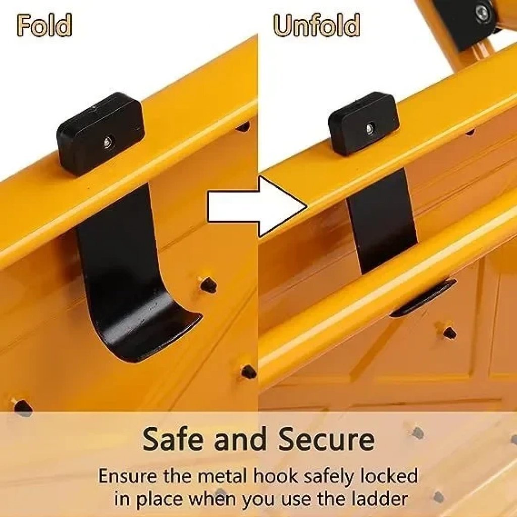 2026/06/1002338048-2.jpg - pricemagicgh.com Close-up of a yellow ladder with a black latch; left side shows folded hook, right side unfolded, indicating secure locking. Caption reads 'Safe and Secure' with safety instruction about locking the hook while using the ladder.
