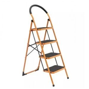 Four-step folding ladder with orange frame, black non-slip steps, and a curved top handrail.