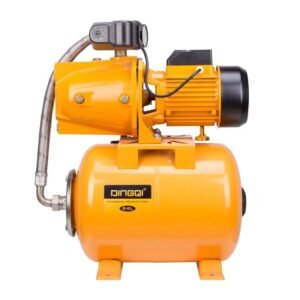 Bright orange portable air compressor with a 24L tank, electric motor on top, and coiled hose along the side.