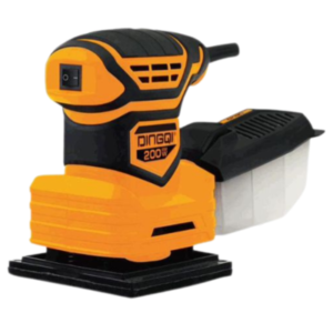 Orange and black cordless palm sander with a attached dust collection bag, labeled 200W.