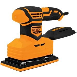 Orange cordless random orbit sander with battery pack, grip handle, and dust base shown from side view, 250W power label visible