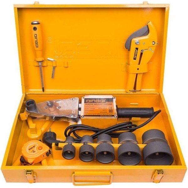 2026/06/1002339864.jpg - pricemagicgh.com Orange plastic pipe fusion kit in a yellow hard case, including a hydraulic fusion welder, a manual cutter, a heat/shrink tool, and multiple fusion dies and rollers for joining plastic pipes (HDPE).