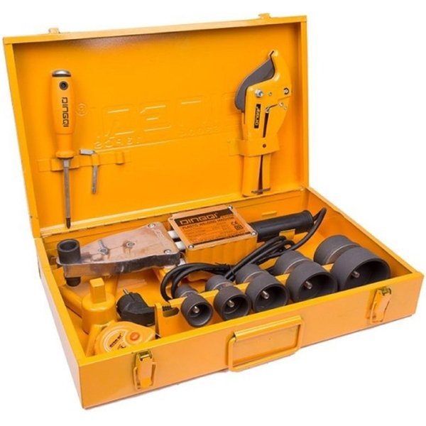 2026/06/1002339865.jpg - pricemagicgh.com Open yellow toolbox with a drill, cutting tool, grinding wheels, sanding discs, and accessories inside. (Power tool set)