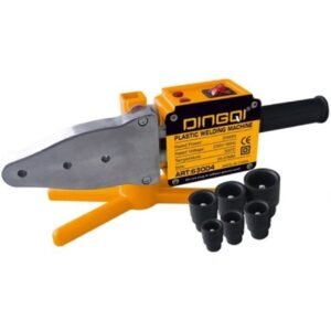 Orange plastic welding tool with a metal welding head and seven black nozzle tips beside it, on a white background.