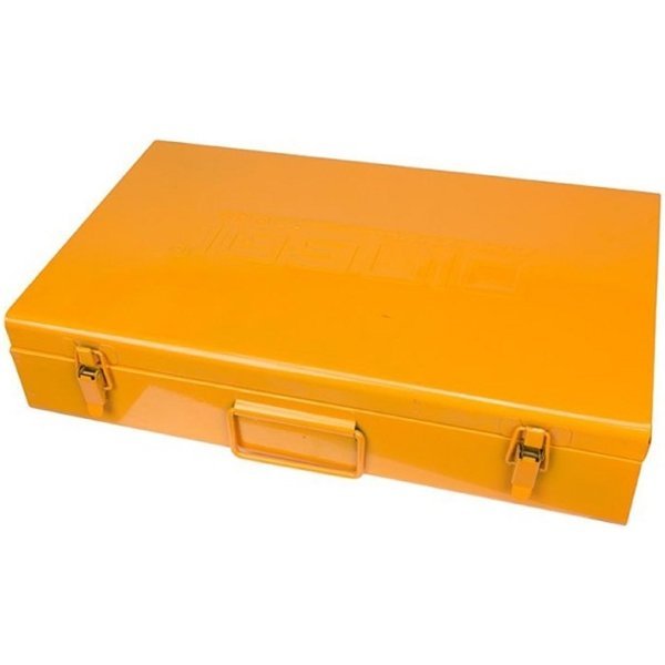 2026/06/1002339867.jpg - pricemagicgh.com Bright orange metal toolbox with two latches and a central carrying handle on a white background, closed and ready for use.