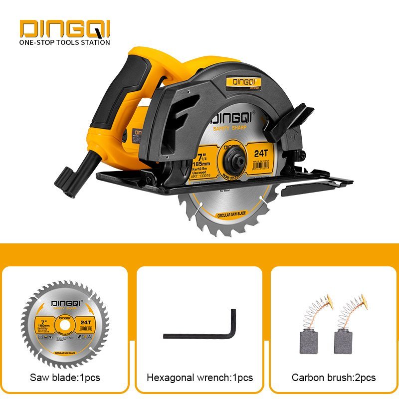 2026/06/1002343525.jpg - pricemagicgh.com Orange and black DINGQI circular saw with blade guard, shown with its accessory kit (saw blade, hex wrench, carbon brushes). Sells as a tool image for product page.