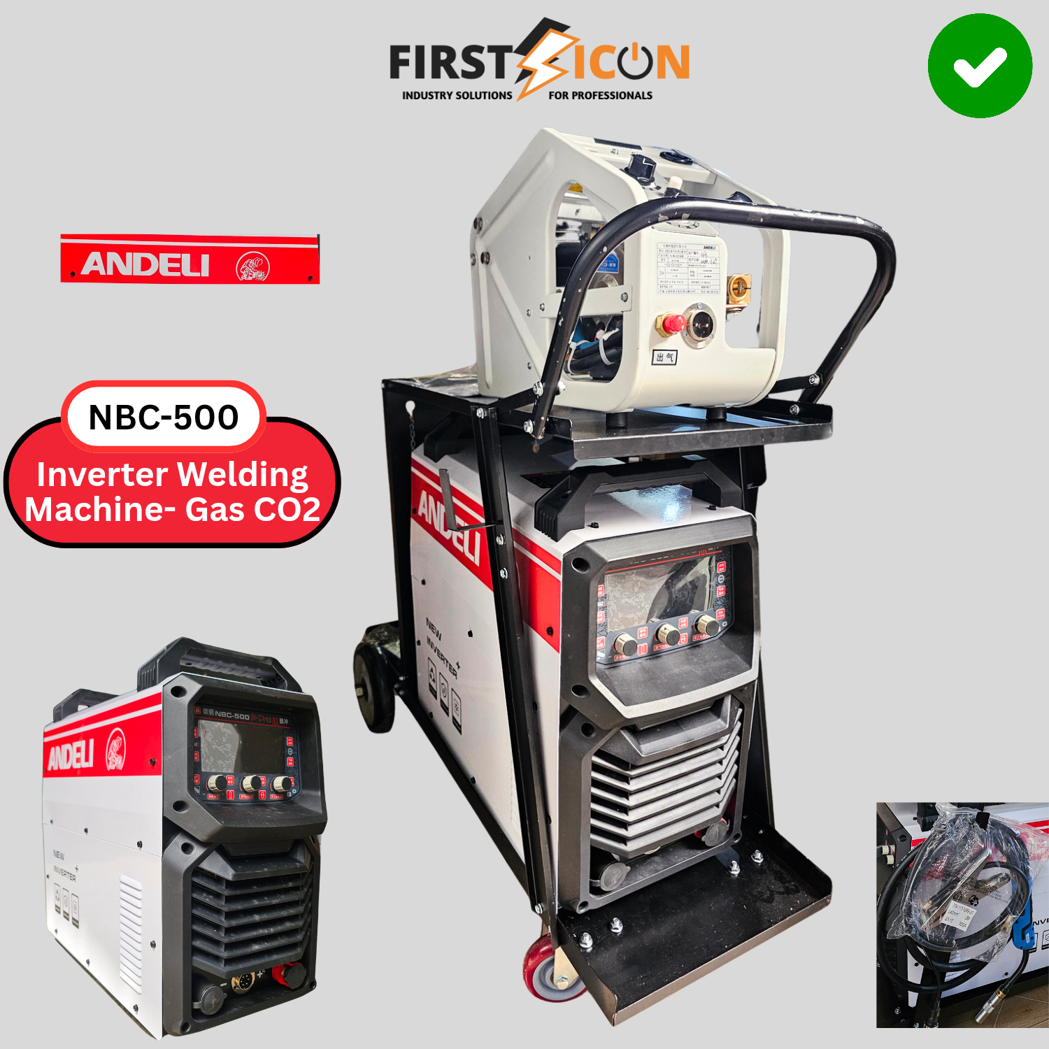 2026/06/1002424707.png - pricemagicgh.com NBC-500 inverter welding machine for CO2 gas on a wheeled cart with Andeli branding