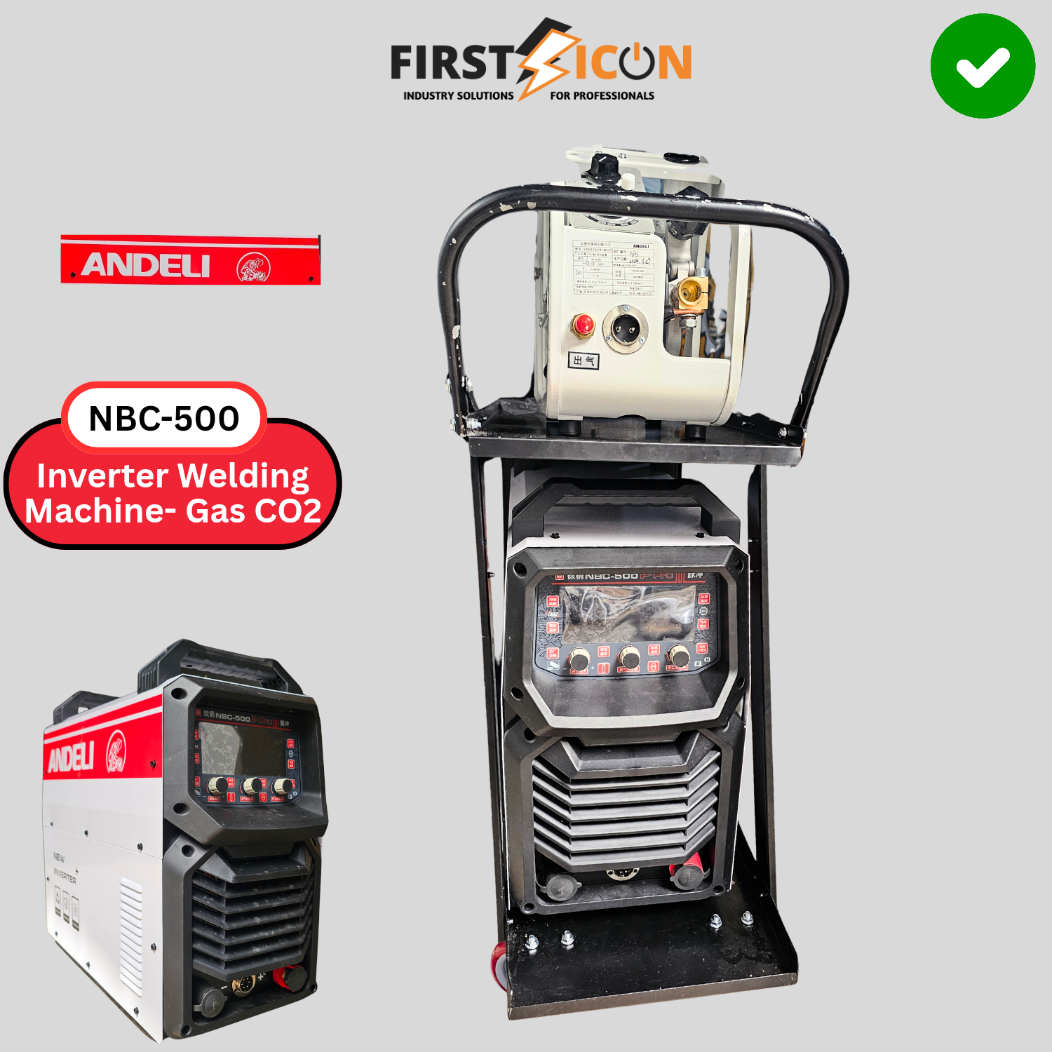 2026/06/1002424708.png - pricemagicgh.com Industrial welding equipment collage featuring NBC-500 inverter welding machine for CO2 gas welding and two smaller units, on a gray background, with brand logos and a green check icon in the corner.