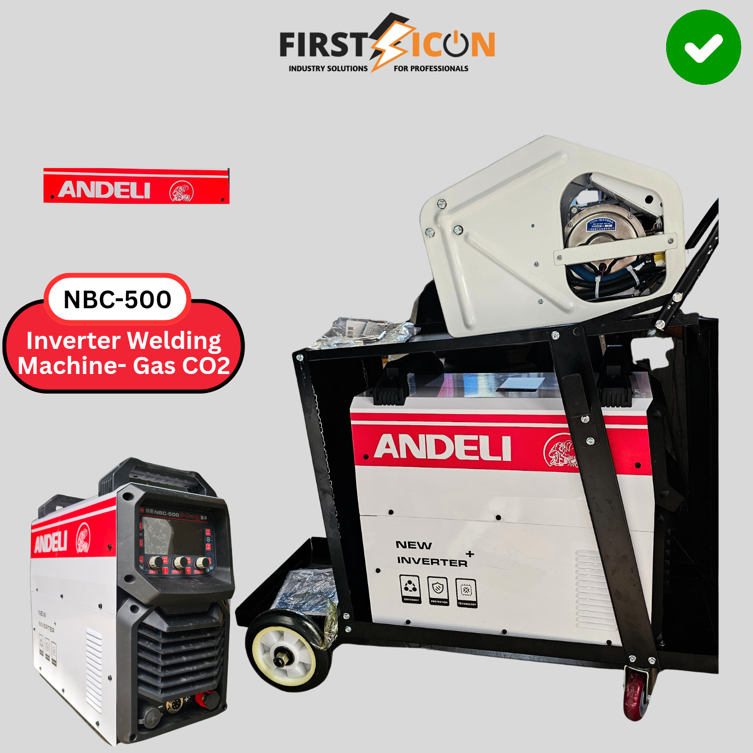 2026/06/1002424713.png - pricemagicgh.com Promotional collage showing ANDELI NBC-500 inverter welding machine with gas CO2 label on a gray background.