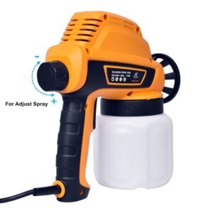 Orange handheld spray gun with a black trigger grip connected to a white spray tank; has an adjustable nozzle and a large rear wheel for spraying adjustments.