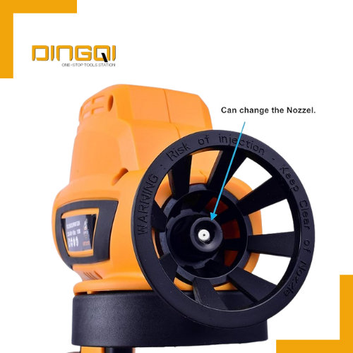 2026/06/1002437231.png - pricemagicgh.com Orange DINGQI power tool with a circular black nozzle wheel; an arrow points to the nozzle and reads 'Can change the Nozzle'