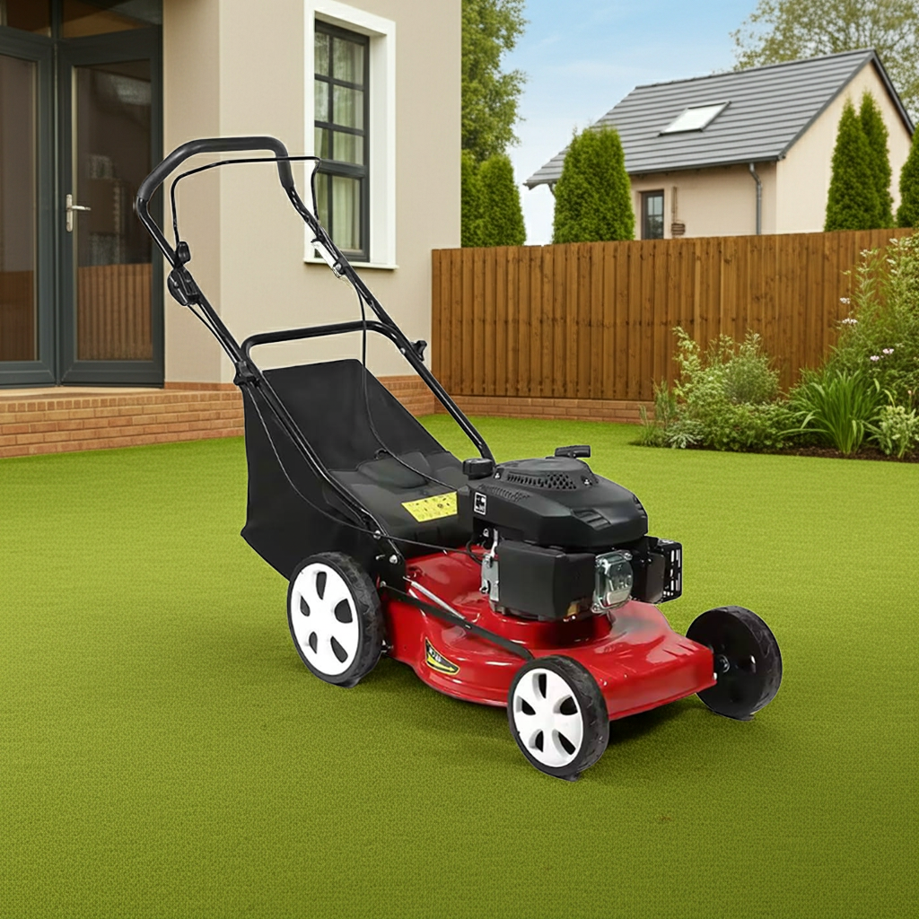 2026/06/1002848414.png - pricemagicgh.com Red gas-powered lawn mower on a green lawn near a house with a wooden fence and garden in the background, ready to mow.