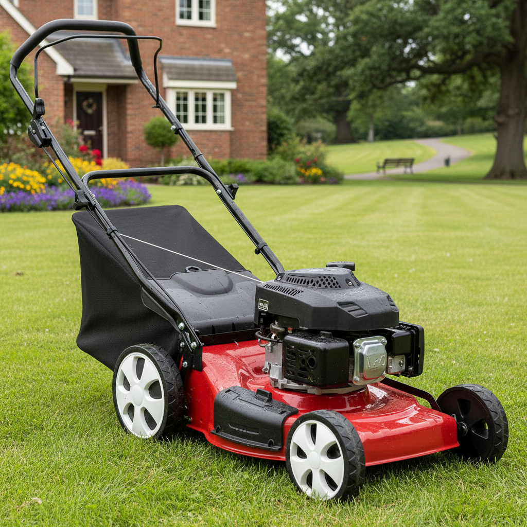2026/06/1002848415.png - pricemagicgh.com Red push lawn mower with a black grass catcher sits on a green lawn in a residential yard with a brick house and flower beds in the background.