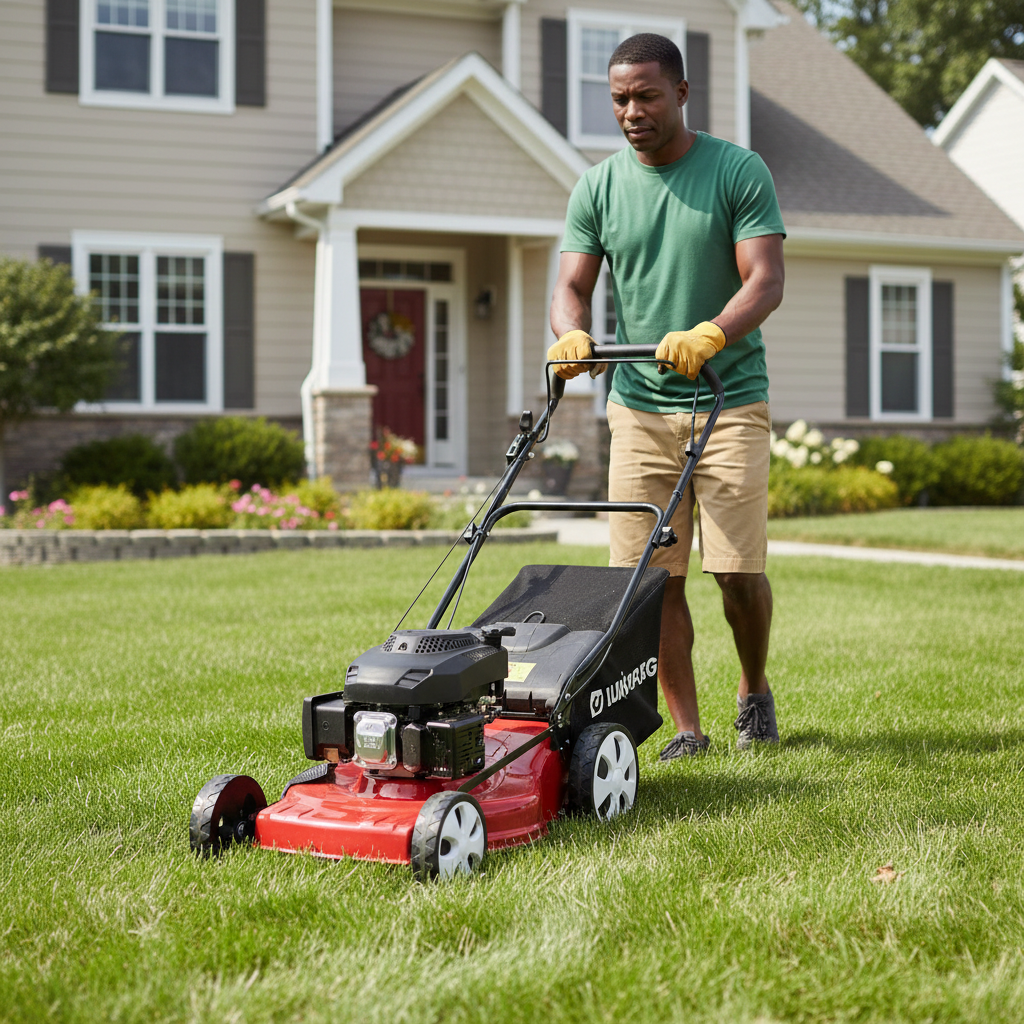 2026/06/1002848428.png - pricemagicgh.com Man wearing a green shirt and gloves pushes a red lawn mower across a well-kept front yard in a suburban neighborhood.