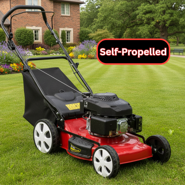 2026/06/1002848430.png - pricemagicgh.com Red self-propelled lawn mower on a well-kept lawn with a brick house and flower beds in the background, labeled 'Self-Propelled' in a black and red badge.