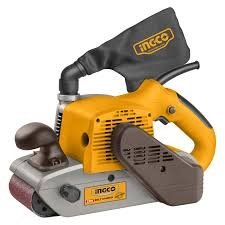 2026/06/1002852534.jpg - pricemagicgh.com Orange INGCO belt sander with dust bag, side view for smoothing wood surfaces