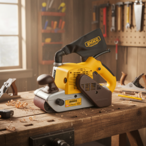 Yellow electric planer on a wooden workbench with wood shavings in a workshop.
