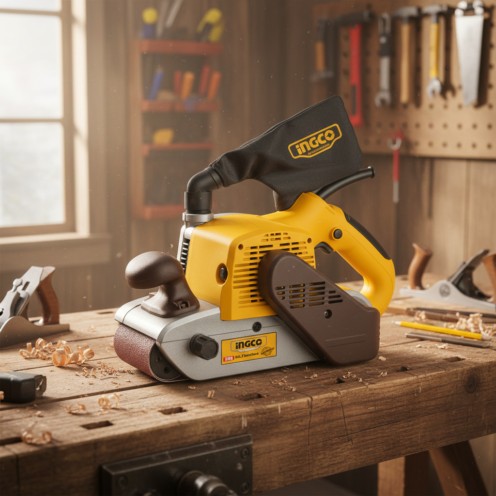 2026/06/1002853038.png - pricemagicgh.com Yellow electric planer on a wooden workbench with wood shavings in a workshop.