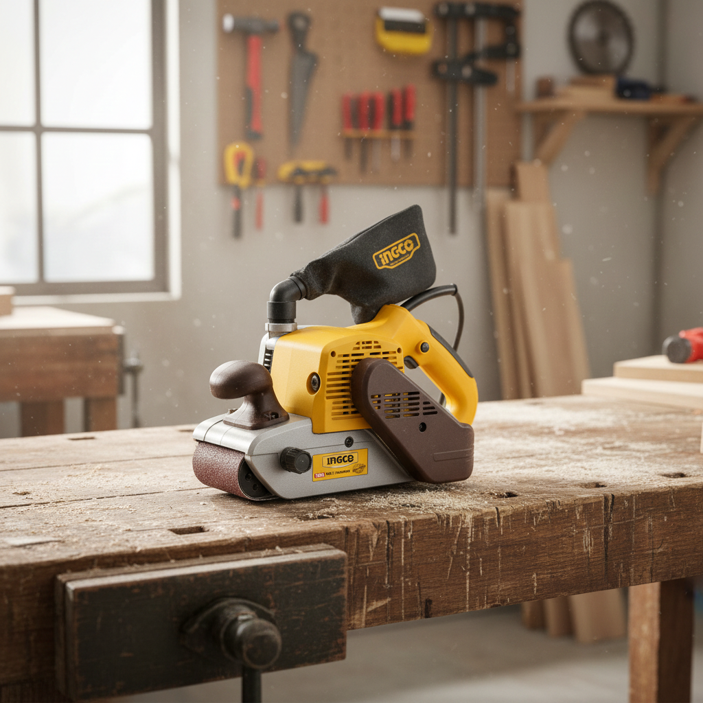 2026/06/1002853039.png - pricemagicgh.com Yellow electric hand planer resting on a rough wooden workbench in a workshop, with tools hanging on a pegboard in the background