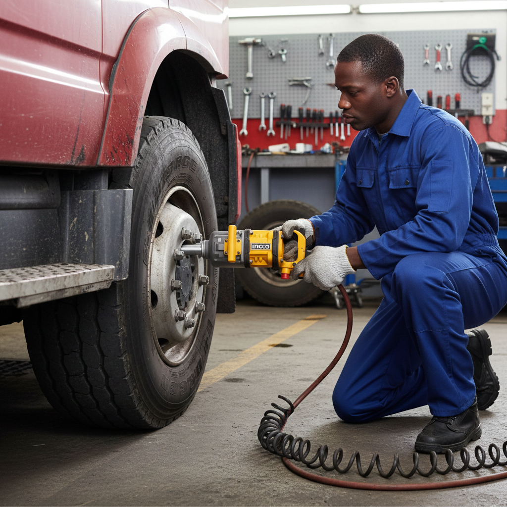 2026/06/1002853468.png - pricemagicgh.com Mechanic kneeling in blue coveralls using a yellow impact wrench on a truck wheel in a workshop.